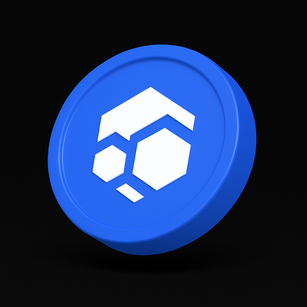 Blue cryptocurrency coin with white geometric logo